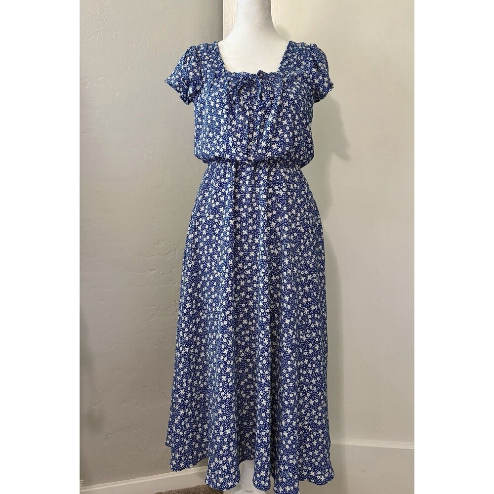 Ralph Lauren Floral Midi Dress 0 Petite Blue Flutter Fit Flare Cottagecore